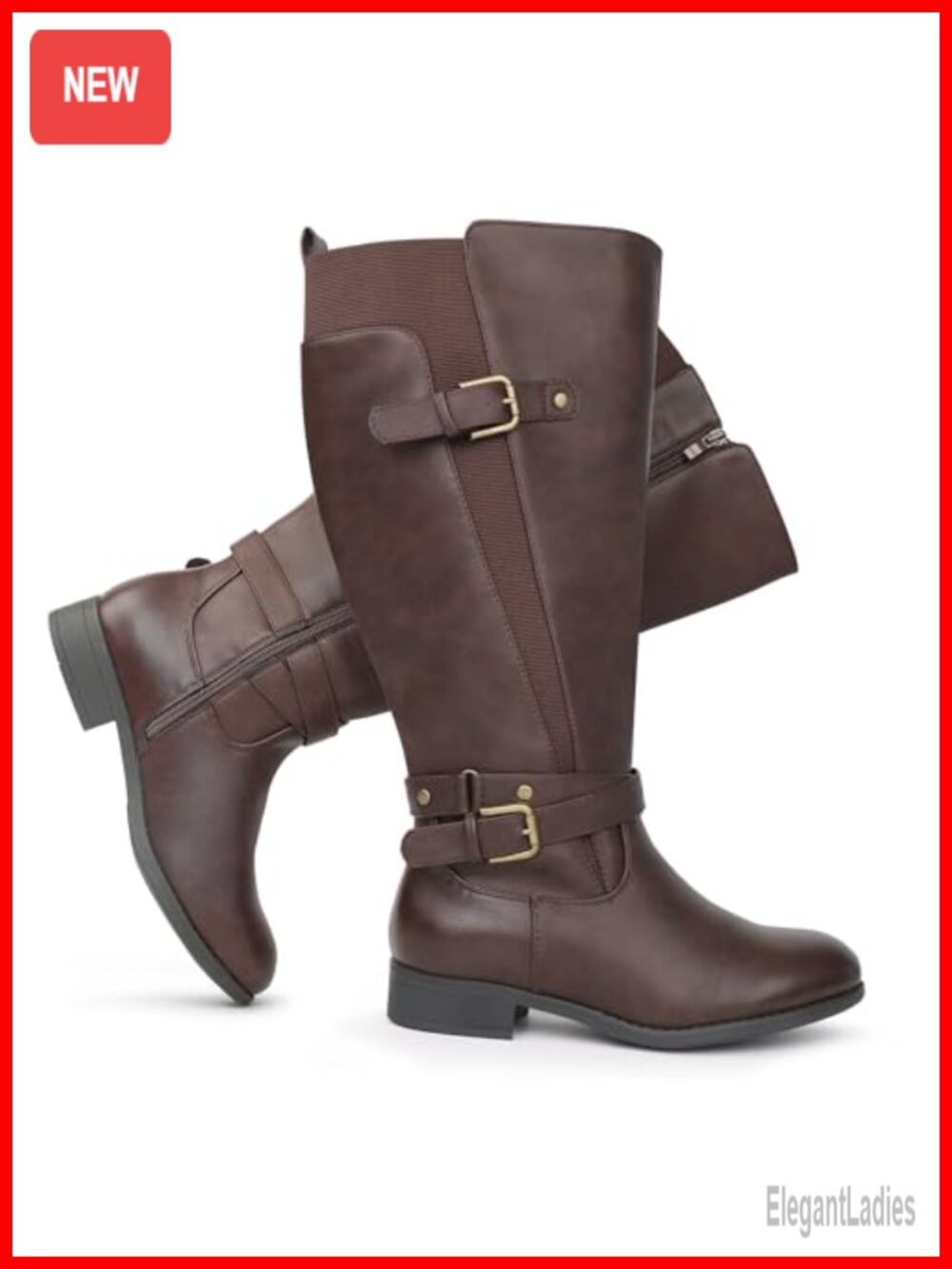 Extra Wide Calf Knee High Riding Boots Low Heel Faux Leather Ankle Strap